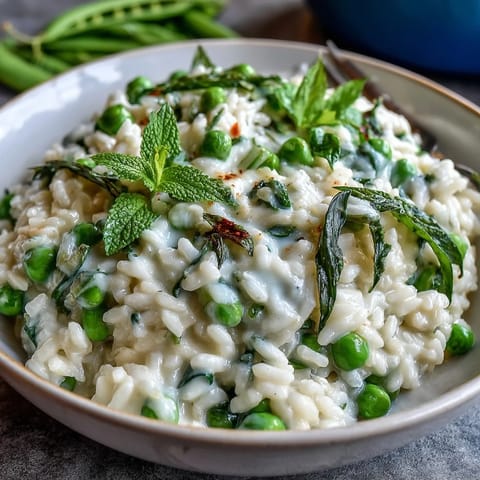Creamy spring risotto with fresh peas and mint, garnished with Parmesan and lemon zest.