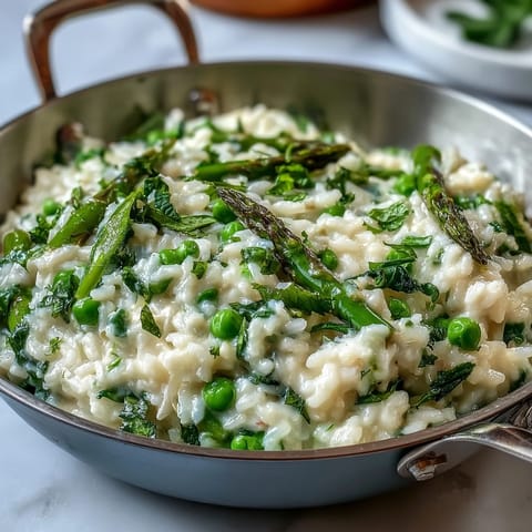 Vibrant green pea and mint risotto topped with Parmesan, served in a shallow bowl.