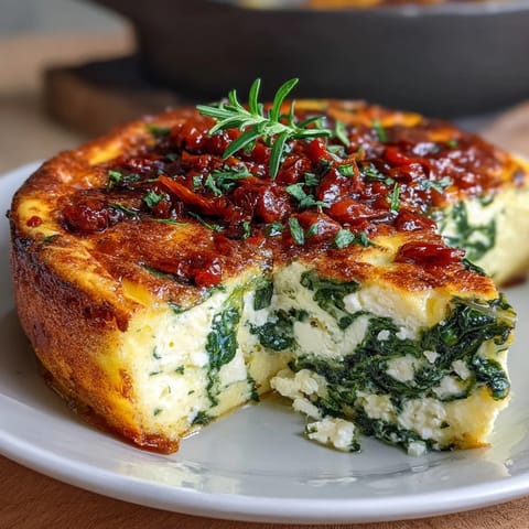 A hearty, Mediterranean-inspired frittata featuring creamy feta, wilted spinach, and tangy sun-dried tomatoes baked to perfection.  