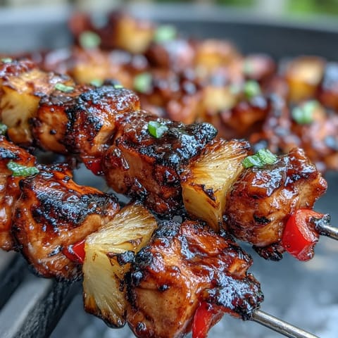 Vibrant Grilled Pineapple Chicken Skewers featuring tender chicken, caramelized pineapple, and colorful bell peppers.  