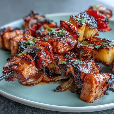 Grilled Pineapple Chicken Skewers with juicy chicken and sweet pineapple, perfect for a summer barbecue.  