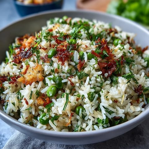 Vibrant spring pea and mint rice pilaf with bright green peas and fresh herbs in a fluffy white rice dish.