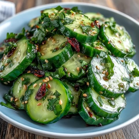 Tangy sesame and rice vinegar dressing coats thinly sliced cucumbers in this vibrant Asian-inspired salad.  