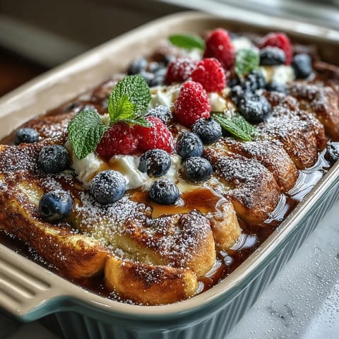 Fluffy pancake casserole layered with fresh berries and creamy custard, a perfect Mothers Day brunch centerpiece.