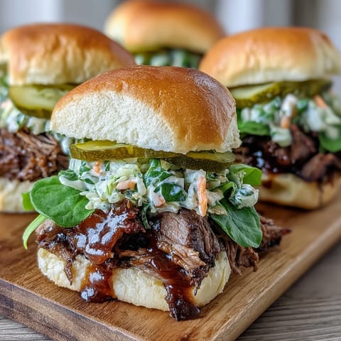 1. Juicy, slow-smoked brisket sliders stacked on soft buns with tangy BBQ sauce and crisp coleslaw for a crowd-pleasing bite.