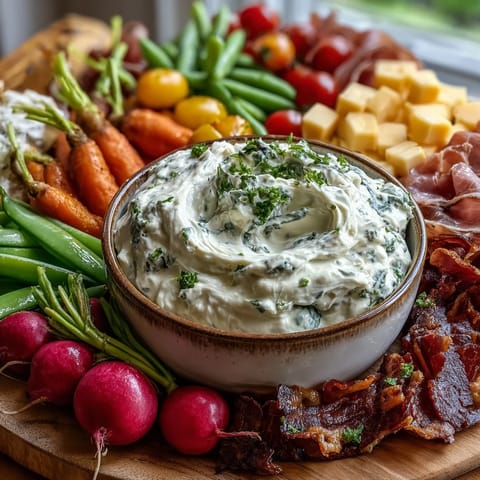 Vibrant spring charcuterie board with radishes, peas, and herb dip, perfect for entertaining.