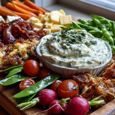 Fresh spring charcuterie board featuring radishes, peas, and herb dip with cured meats.