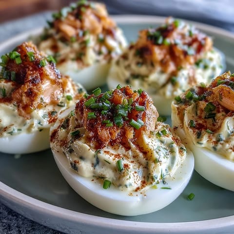 Creamy deviled eggs filled with smoked salmon and topped with everything bagel seasoning, a flavorful appetizer for brunch or parties.