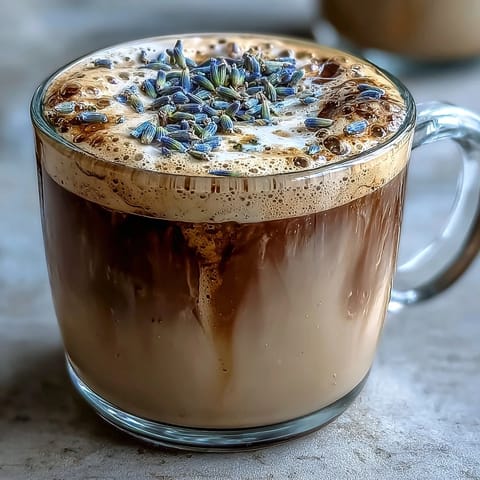 Creamy lavender oat milk latte with fragrant floral notes and rich espresso, served hot in a cozy mug for a soothing vegan treat.