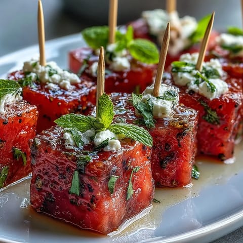 Watermelon feta mint skewers on a platter, juicy cubes and creamy cheese with fresh mint leaves, drizzled with balsamic glaze.