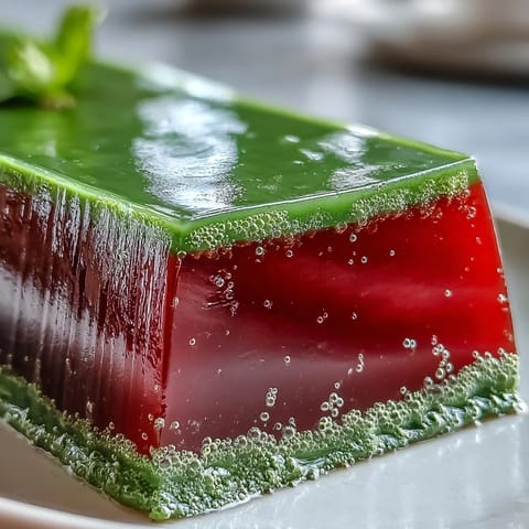 Glistening Yokan Japanese Red Bean Jelly with Matcha Layer, elegantly set and ready for a sweet, refreshing teatime.