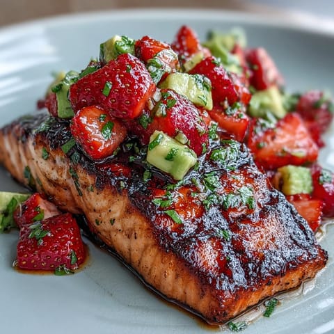 Beautiful grilled salmon topped with colorful strawberry avocado salsa, perfect for summer.