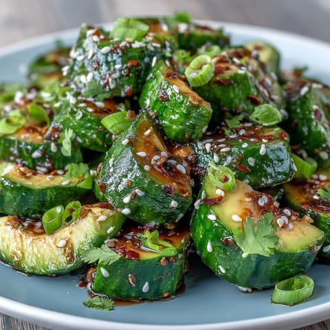 Vibrant smashed cucumber and avocado salad with toasted sesame seeds, a fresh side.