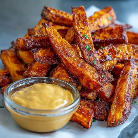 Golden air fryer sweet potato fries ready for dipping in smoky chipotle aioli.
