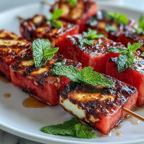 Grilled halloumi and watermelon skewers with fresh mint, perfectly charred for summer.