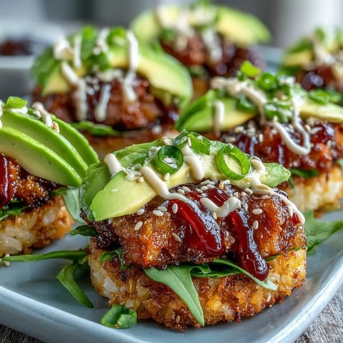 Golden, crispy rice topped with a mouthwatering spicy tuna mixture, perfect appetizer.