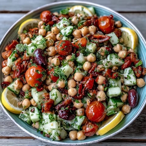 Tender Mediterranean chickpea salad featuring juicy tomatoes and Kalamata olives ready to serve.