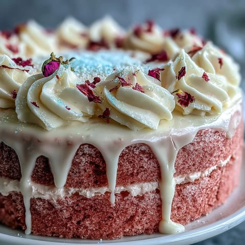 Elegant Bridal Shower Rosé Velvet Cake, showered with shiny gold liquor.