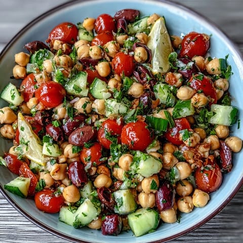 Colorful Mediterranean chickpea salad with bright lemon, fresh herbs, and vibrant veggies.