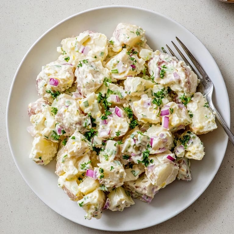 Chilled classic potato salad served in a white bowl, garnished with fresh herbs for a perfect barbecue side.