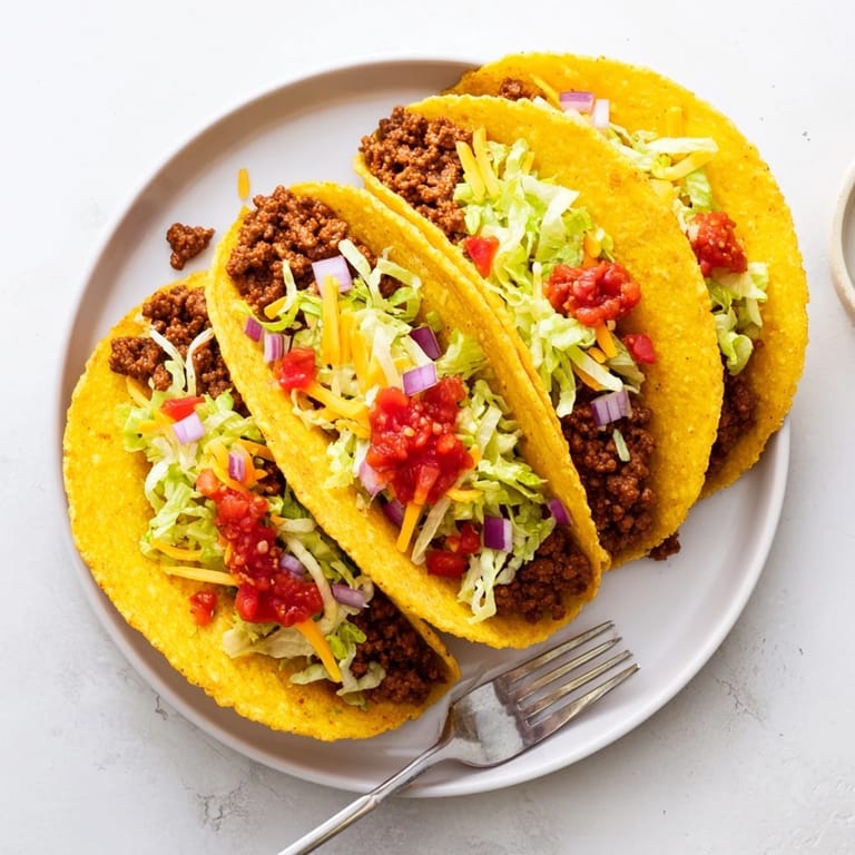 Golden taco shells filled with spiced ground beef and fresh toppings, served hot with salsa.