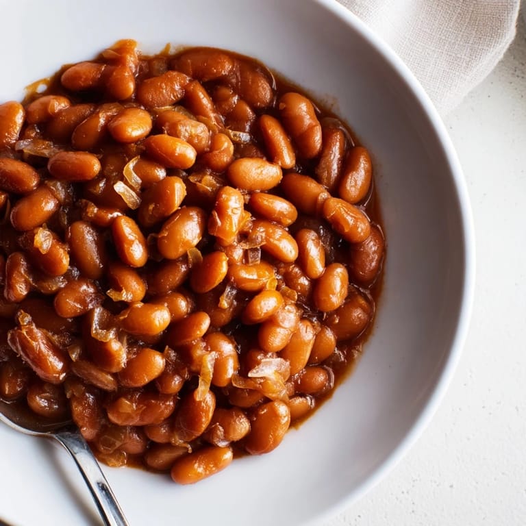 Spoonful of savory Baked Beans lifted from a dish, revealing a glossy, sweet-savory sauce perfect for a backyard barbecue.
