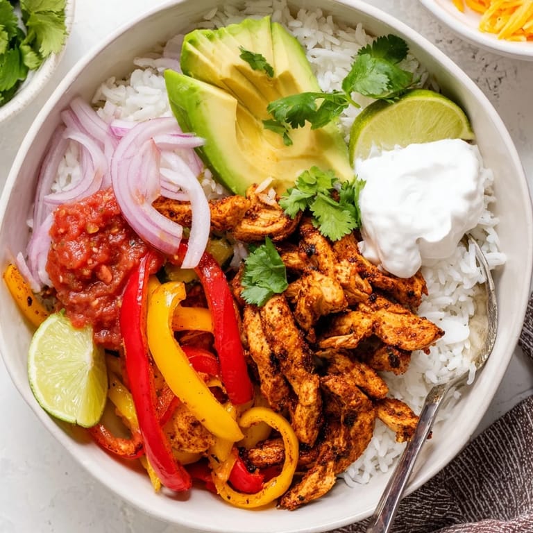 Close-up of a Chicken Fajita Bowl with tender chicken, colorful peppers, and sour cream, served in a rustic ceramic bowl.