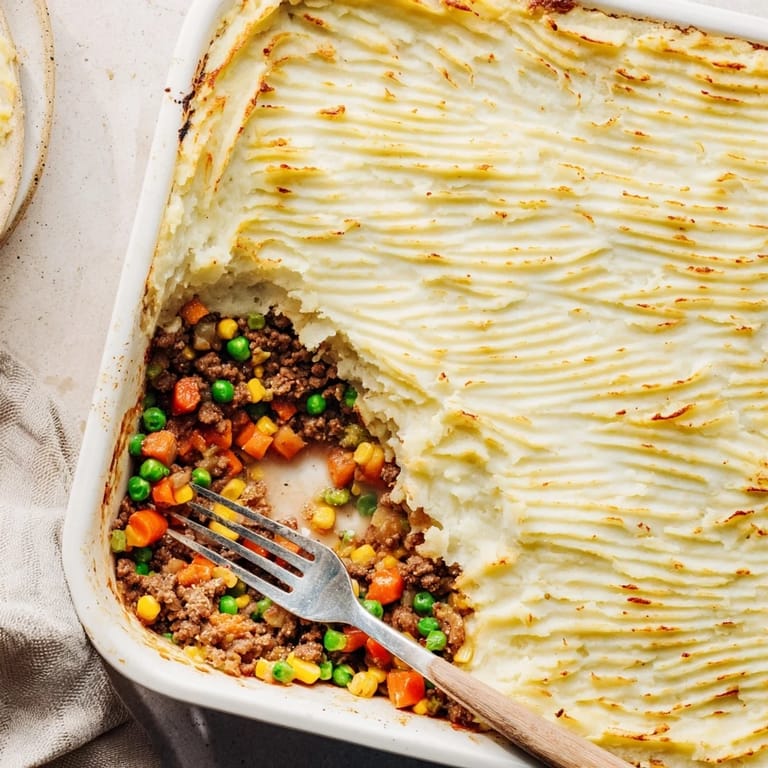 Freshly baked Shepherd's Pie with a crispy fork-ridged potato crust revealing a hearty beef, carrot, and pea filling underneath.