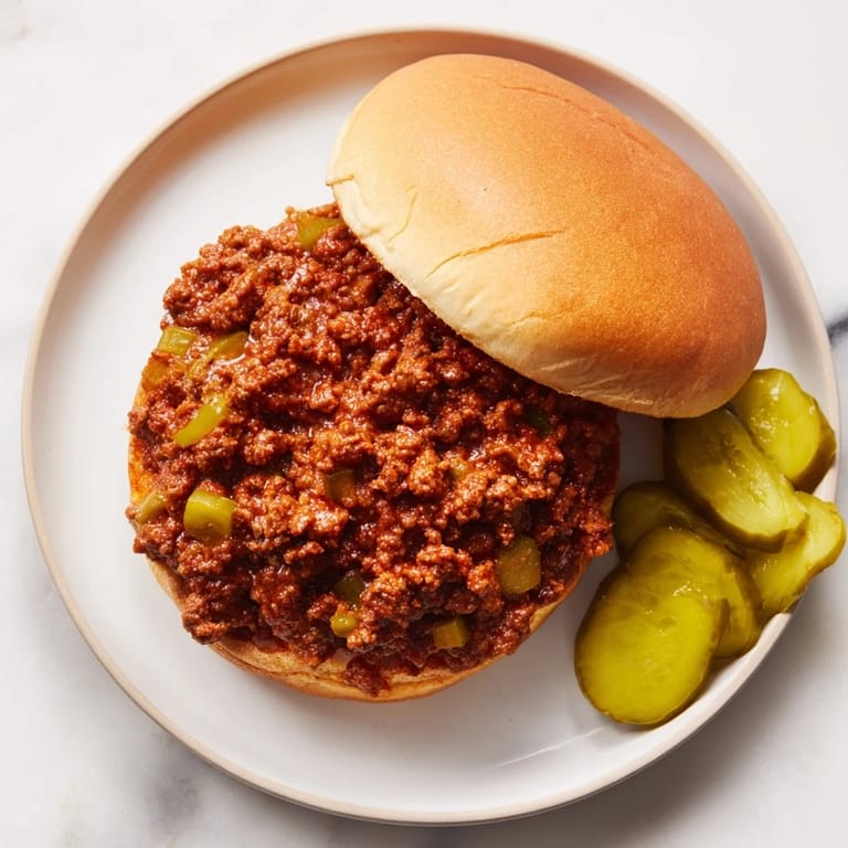 Steaming ground beef mixture simmered in sweet-savory tomato sauce, piled high on soft toasted buns.