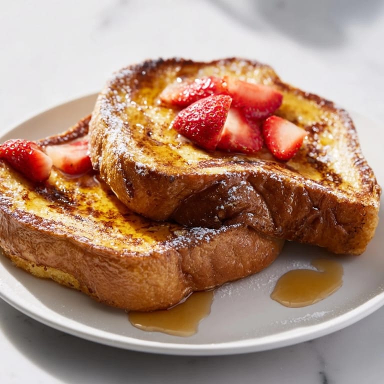 Homemade French toast on a white plate with berries, ready for a sweet breakfast treat.