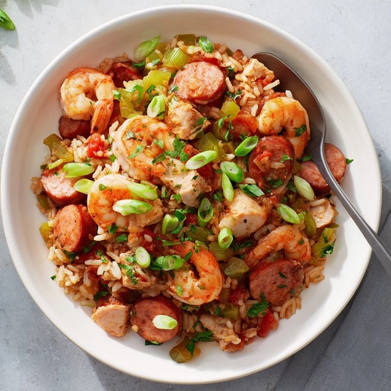 Golden one-pot Jambalaya simmering in a Dutch oven, featuring tender chicken, smoky sausage, shrimp, and diced tomatoes with steam rising from the rice.