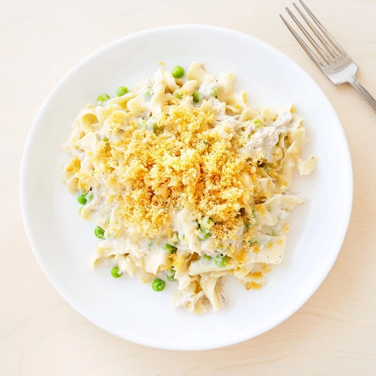 Spoonful of comforting Tuna Casserole revealing tender egg noodles, flaky tuna, sweet peas, and rich, creamy sauce.