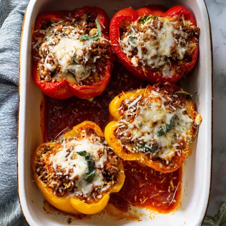 Upright Stuffed Bell Peppers in a ceramic baking dish, smothered in tomato sauce and golden cheese, ready to serve for a family dinner.