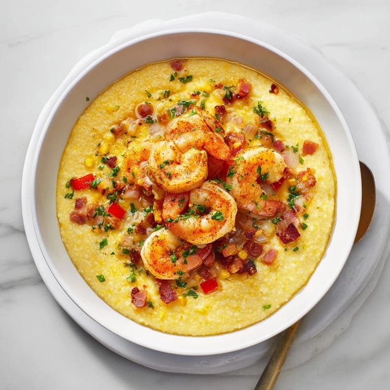 A fork lifts a juicy shrimp from the bowl of cheesy grits, garnished with fresh parsley.