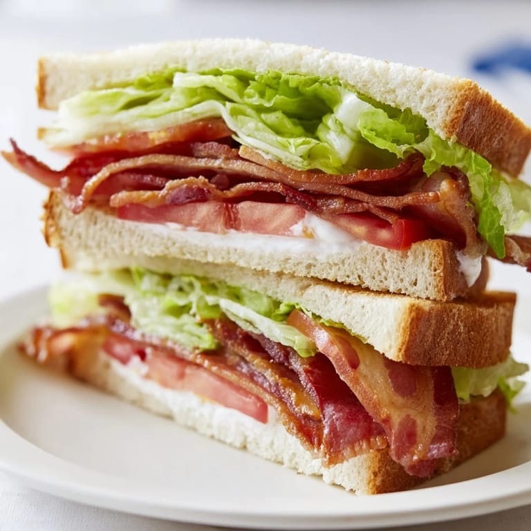 Freshly made BLT Sandwich cut in half on a white plate, showing crunchy bacon and ripe tomato layers.