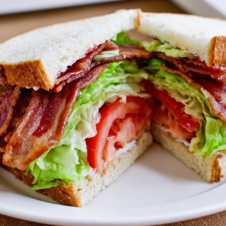 Classic American BLT Sandwich served with potato chips and pickles on a rustic wooden table for lunch.