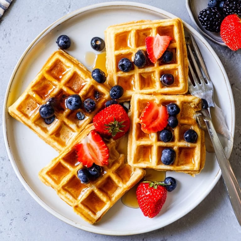 A plate of golden-brown waffles drizzled with syrup and topped with whipped cream for a sweet morning treat.