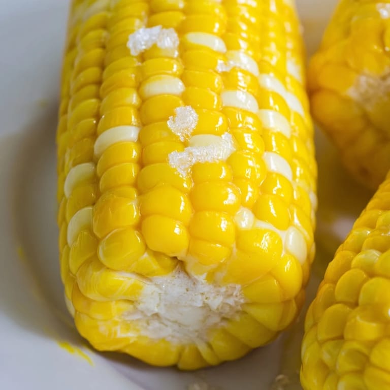 Classic American corn on the cob, boiled until bright yellow and tender, served warm with a pat of butter and a dash of salt.