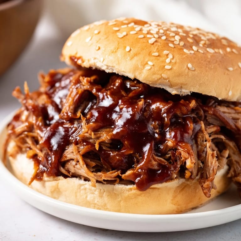 Savory Pulled Pork Sandwich served with crisp dill pickle slices and extra sauce on the side.