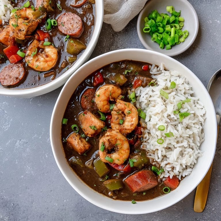 Homemade Creole Gumbo simmering in a Dutch oven, garnished with fresh parsley and scallions.