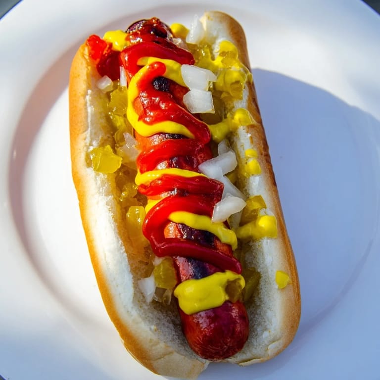 A juicy grilled hot dog in a soft bun, topped with mustard, ketchup, relish, and onions.