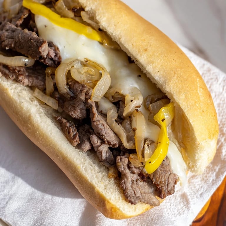 Fork-tender beef and caramelized onions piled high, ready to be served with crispy french fries next to a hot Philly Cheesesteak.