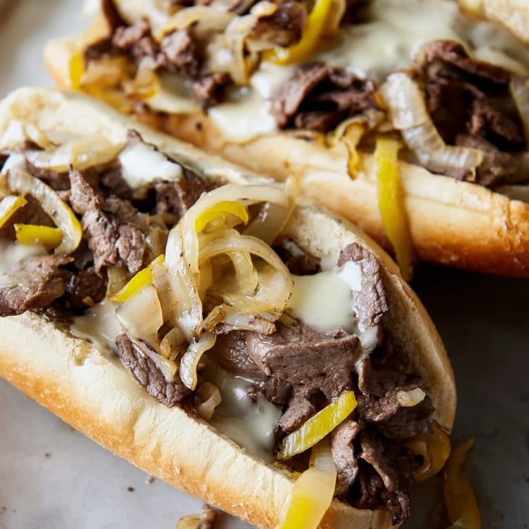 A juicy Philly Cheesesteak sandwich with melted cheese and grilled peppers steaming on a rustic wooden board for dinner.