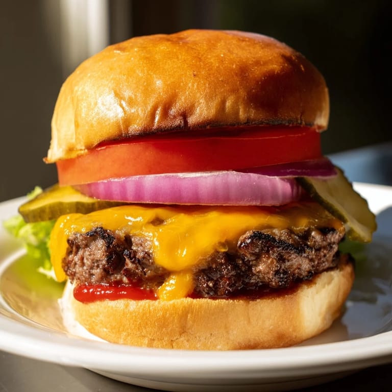 Classic American hamburgers sizzling on the grill, featuring seasoned beef patties with smoke and char marks.