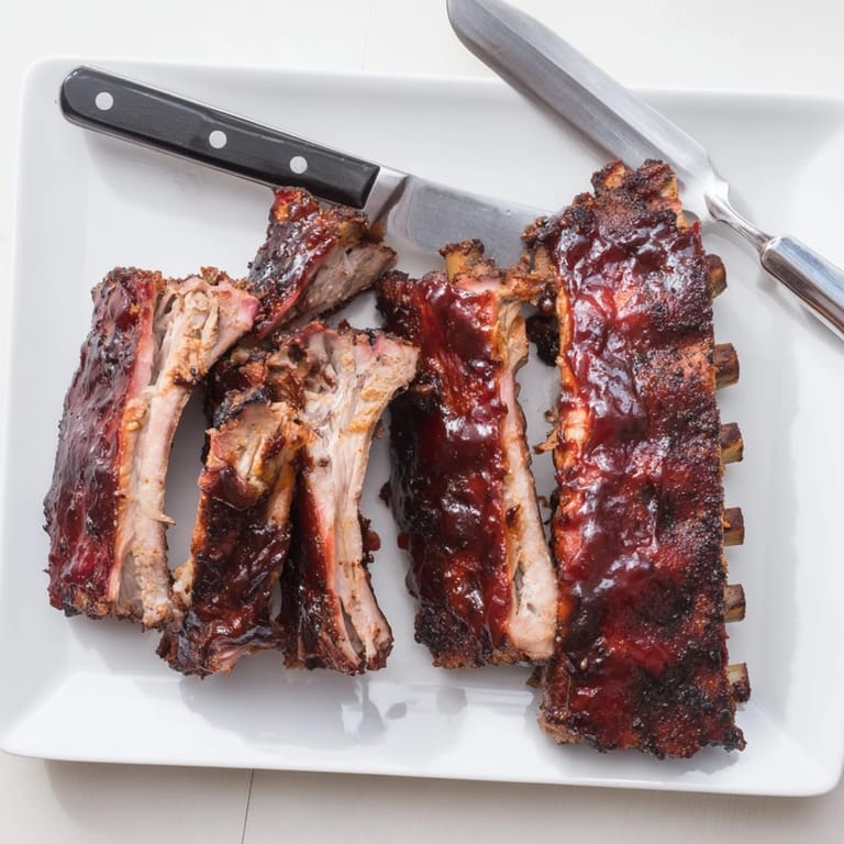 Fall-apert tender BBQ Ribs garnished with fresh parsley and extra barbecue sauce.