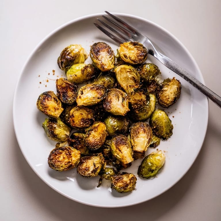 Caramelized Roasted Brussels Sprouts roasted with olive oil and seasonings on a parchment-lined baking sheet.