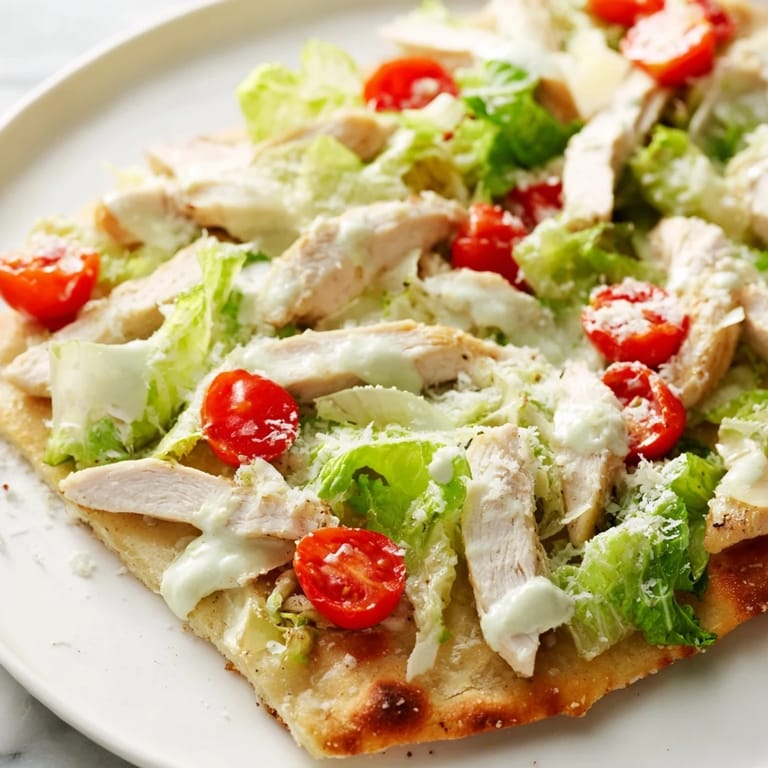 Slice of warm Caesar Chicken Flatbread with sliced chicken, romaine salad, and drizzled dressing on a white plate.