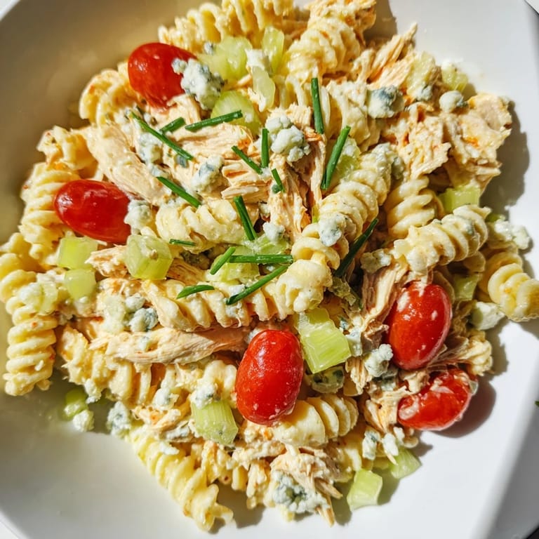 Chilled buffalo chicken pasta salad with crunchy veggies and crumbled blue cheese garnish on a white plate.  