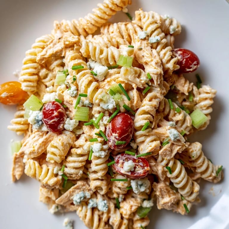 Buffalo chicken pasta salad tossed with tangy wing sauce, sour cream ranch dressing, and fresh chives.