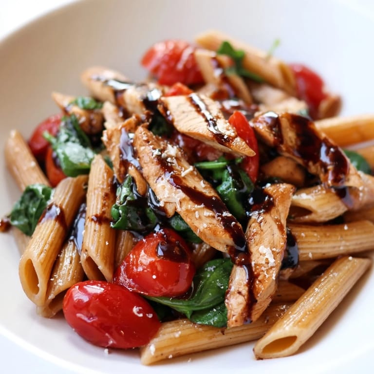 Savory Balsamic Glazed Chicken Pasta served in a rustic white bowl, garnished with freshly torn basil leaves and a light dusting of grated Parmesan cheese, steam rising from the warm dish.